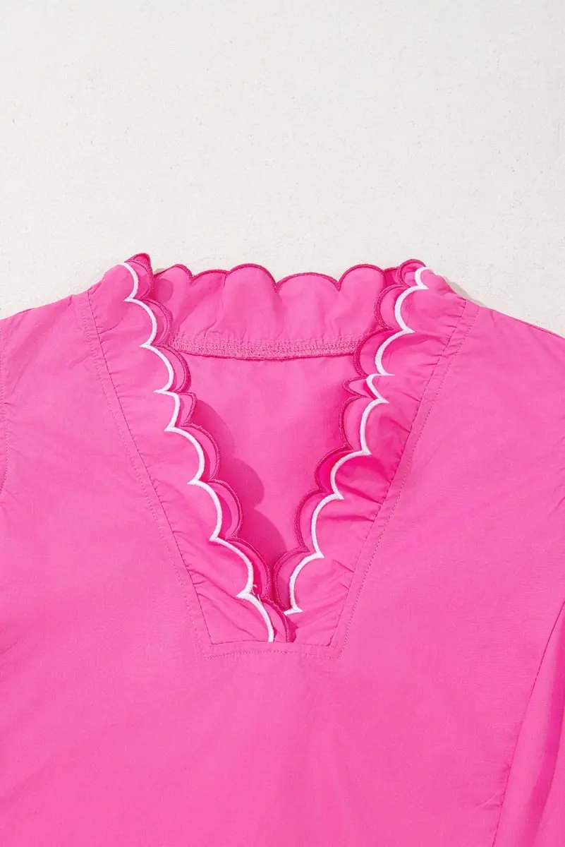 Bright Pink Contrast Scallop Trim Layered V Neck Blouse - Love Salve